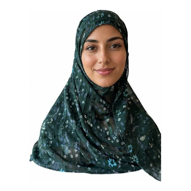 Chiffon Floral hijab in Dark Green, worn