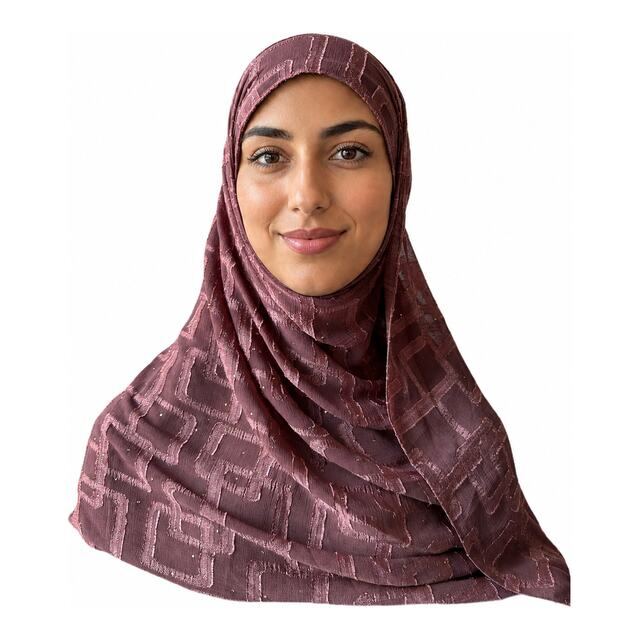 Chiffon Grid hijab in China Rose, worn