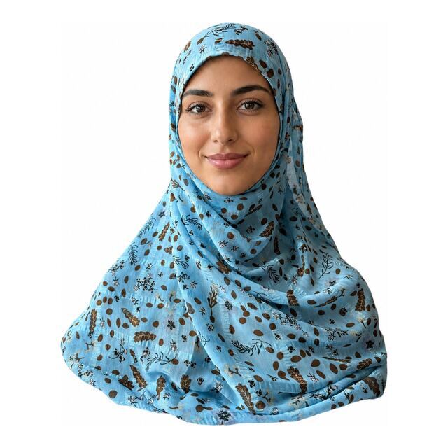 Chiffon Floral hijab in Sky Blue, worn