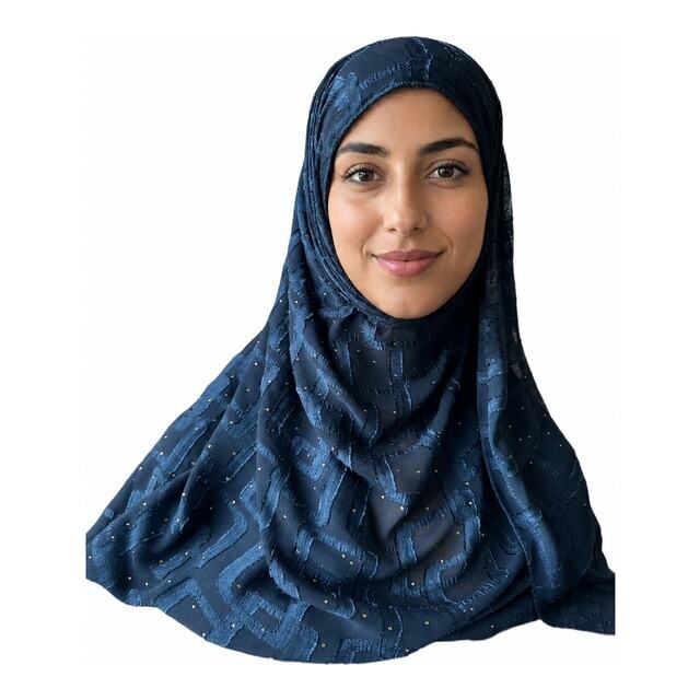 Chiffon Grid hijab in Navy Blue, worn