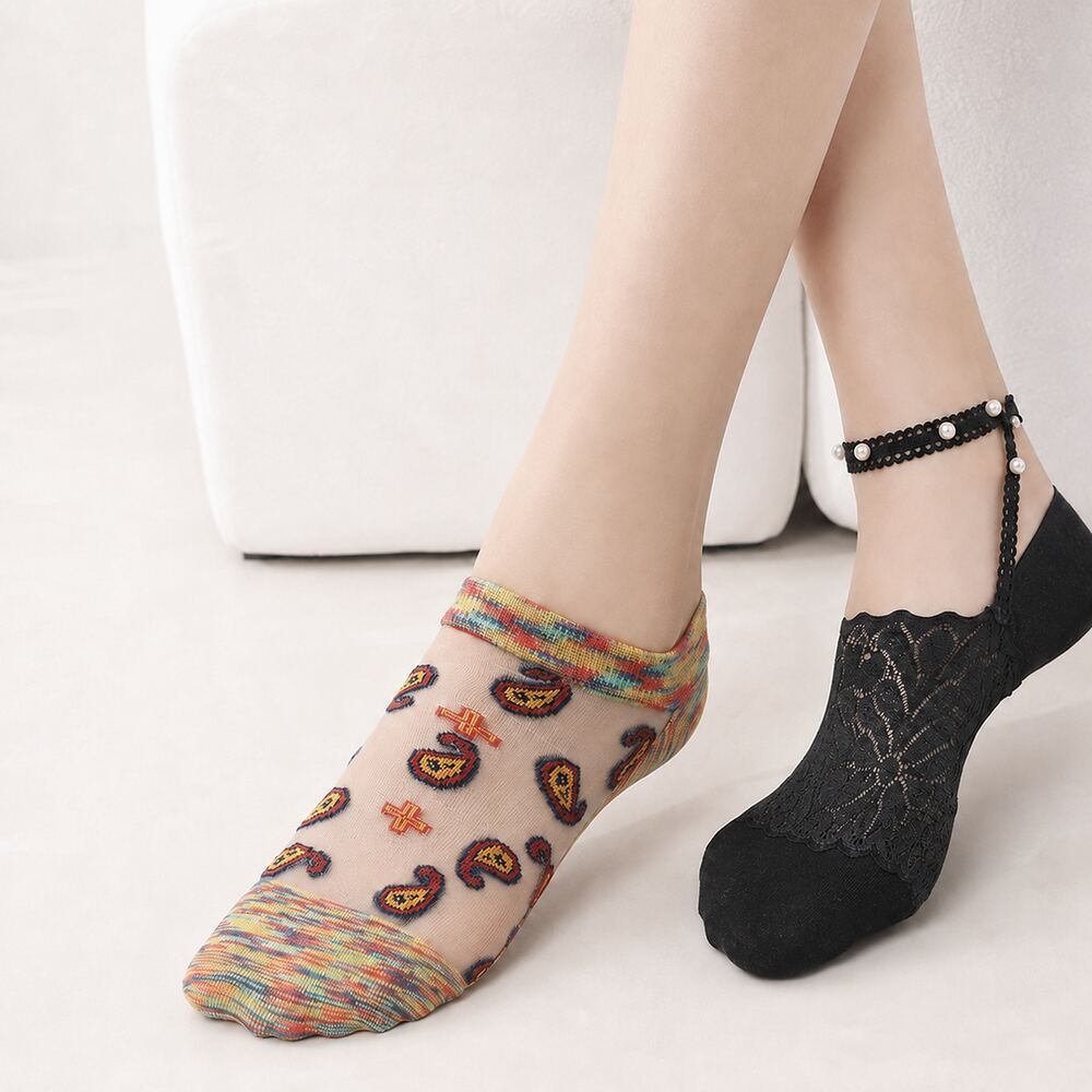 Fashion Fusion socks worn: a sheer paisley pair and a black lace pair