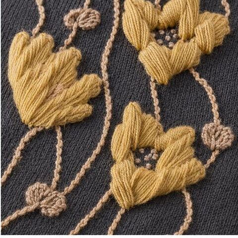 Close-up of embroidered yellow flowers on a Gardenia sock
